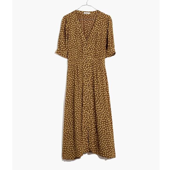 [Madewell] Olive Marlow Floral Print Button Front Cuff V-Neck Midi Dress Size 00 - Picture 1 of 12